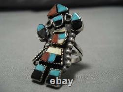 Early Vintage Zuni Turquoise Coral Sterling Silver Inlay Kachina Ring Old