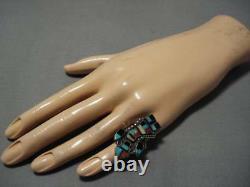 Early Vintage Zuni Turquoise Coral Sterling Silver Inlay Kachina Ring Old