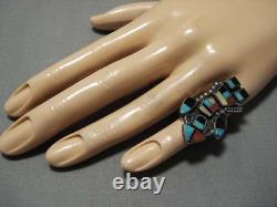 Early Vintage Zuni Turquoise Coral Sterling Silver Inlay Kachina Ring Old