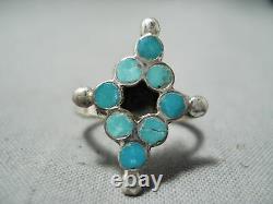 Early Vintage Zuni Turquoise Dishta Sterling Silver Ring Old