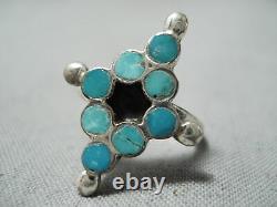 Early Vintage Zuni Turquoise Dishta Sterling Silver Ring Old