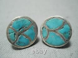 Early Vintage Zuni Turquoise Inlay Sterling Silver Earrings Old