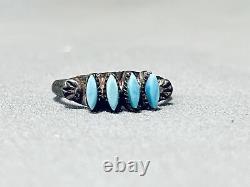 Early Vintage Zuni Turquoise Needle Sterling Silver Ring Old