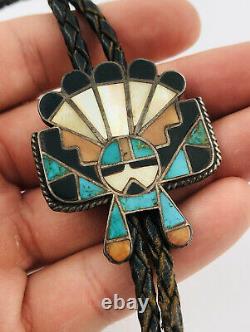 Early Vtg 1940's Zuni Sterling Silver Multi Stone Inlay Sunface Bolo Tie