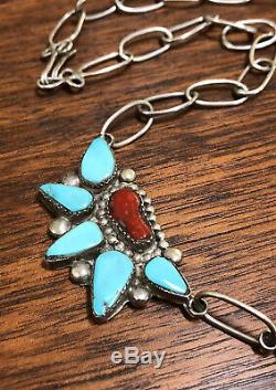 Early Vtg Dan Simplicio Zuni Sterling Silver Turquoise & Red Coral Link Necklace