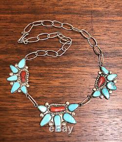 Early Vtg Dan Simplicio Zuni Sterling Silver Turquoise & Red Coral Link Necklace