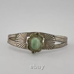 Early Vtg Fred Harvey Navajo Sterling Silver Turquoise Stamped Cuff Bracelet