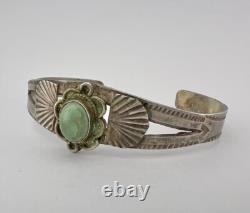 Early Vtg Fred Harvey Navajo Sterling Silver Turquoise Stamped Cuff Bracelet