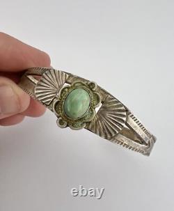 Early Vtg Fred Harvey Navajo Sterling Silver Turquoise Stamped Cuff Bracelet