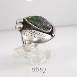 Early Vtg Native American Sterling Silver Green Turquoise Pyrite Feather Ring FZ