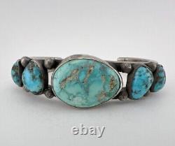 Early Vtg Navajo Coin Silver LONE MOUNTAIN Turquoise Ingot Cuff Bracelet 57g