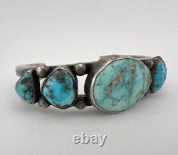 Early Vtg Navajo Coin Silver LONE MOUNTAIN Turquoise Ingot Cuff Bracelet 57g