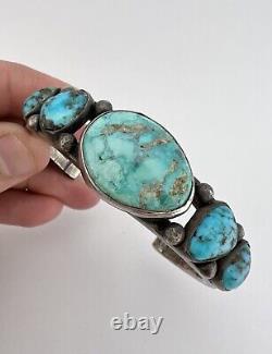 Early Vtg Navajo Coin Silver LONE MOUNTAIN Turquoise Ingot Cuff Bracelet 57g