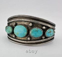 Early Vtg Navajo Sterling Silver High Grade Fox Turquoise Cuff Bracelet 65.6g