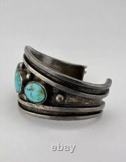 Early Vtg Navajo Sterling Silver High Grade Fox Turquoise Cuff Bracelet 65.6g