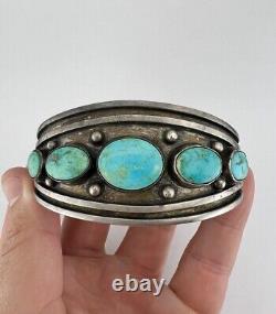 Early Vtg Navajo Sterling Silver High Grade Fox Turquoise Cuff Bracelet 65.6g