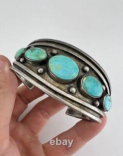 Early Vtg Navajo Sterling Silver High Grade Fox Turquoise Cuff Bracelet 65.6g