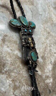 Early Will Denetdale Navajo Turquoise, Silver & Gold Bolo Tie, Lariat Necklace