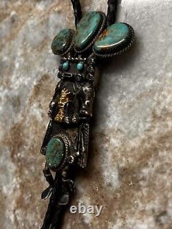 Early Will Denetdale Navajo Turquoise, Silver & Gold Bolo Tie, Lariat Necklace