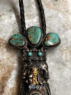 Early Will Denetdale Navajo Turquoise, Silver & Gold Bolo Tie, Lariat Necklace