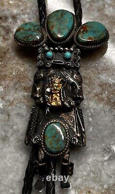 Early Will Denetdale Navajo Turquoise, Silver & Gold Bolo Tie, Lariat Necklace