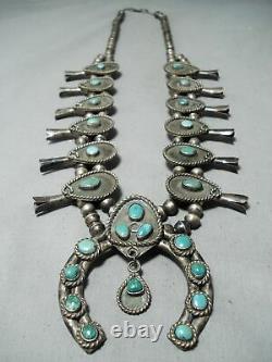 Early Women's Vintage Navajo Turquoise Sterling Silver Squash Blossom Necklace