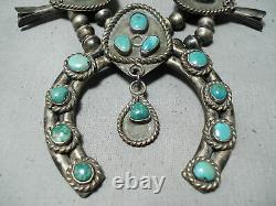 Early Women's Vintage Navajo Turquoise Sterling Silver Squash Blossom Necklace