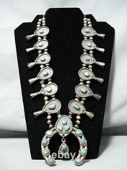 Early Women's Vintage Navajo Turquoise Sterling Silver Squash Blossom Necklace