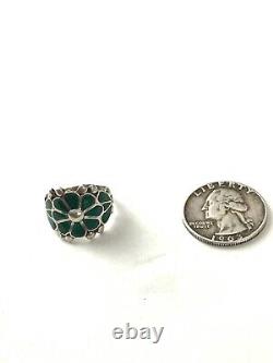 Early Zuni Dishta Style Green Turquoise Inlay Flower Ring Sz 6
