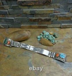 Early Zuni Effie C Sterling Turquoise Coral Snake Watch Tips Cuff Old Pawn Era