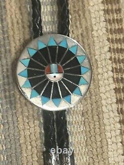 Early Zuni Fred & Lolita Natachu Sterling Mosaic Inlay Sundance Warrior Bolo Tie