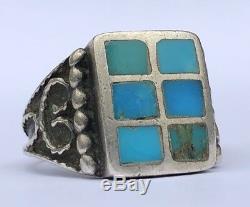 Early Zuni Native American Flush Inlay Turquoise Sterling Silver Ingot Mens Ring