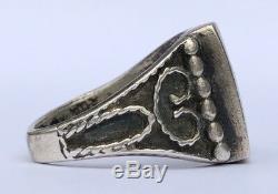 Early Zuni Native American Flush Inlay Turquoise Sterling Silver Ingot Mens Ring