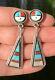 Early Zuni Sunface Sterling Silver Turquoise & Coral & Jet Mop Dangle Earrings
