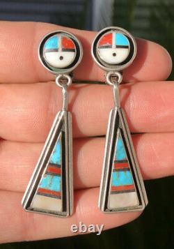Early Zuni SUNFACE Sterling Silver Turquoise & Coral & Jet MOP Dangle Earrings