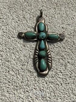 Early Zuni Signed Horace Iule Gem Turquoise Sterling Silver Cross 1930-1940s