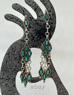 Early Zuni Southwestern Sterling Silver Turquoise Petit Point Dangle Earrings