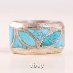 Early Zuni Sterling Silver Blue Turquoise Fish Scale Inlay Band Ring Size 6.5