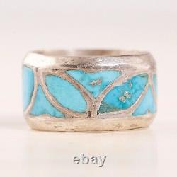 Early Zuni Sterling Silver Blue Turquoise Fish Scale Inlay Band Ring Size 6.5