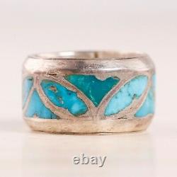 Early Zuni Sterling Silver Blue Turquoise Fish Scale Inlay Band Ring Size 6.5