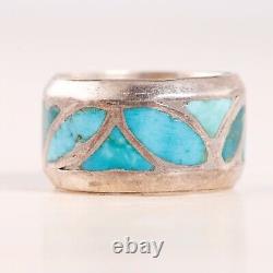 Early Zuni Sterling Silver Blue Turquoise Fish Scale Inlay Band Ring Size 6.5