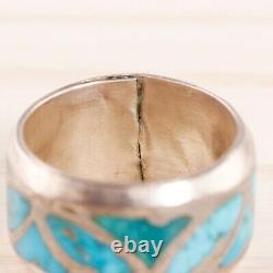 Early Zuni Sterling Silver Blue Turquoise Fish Scale Inlay Band Ring Size 6.5