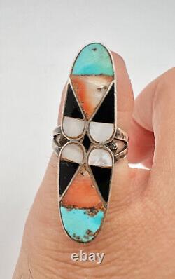 Early Zuni Sterling Silver Turquoise Onyx MOP & Shell Flush Inlay Long Ring