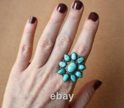 Early Zuni Turquoise & Silver Cluster Ring-Native American-1940-Leekya Deyuse