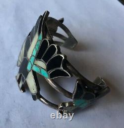 Early Zuni channel inlay Sterling Silver multi stone inlay bracelet with Kachina