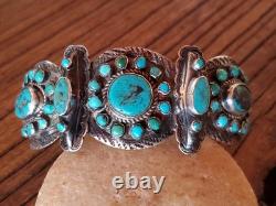 Early navajo sterling Silver Native American Turquoise cluster repousse cuff Early navajo sterling Silver Native American Turquoise cluster repousse cuff