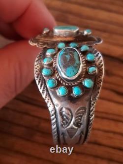 Early navajo sterling Silver Native American Turquoise cluster repousse cuff
