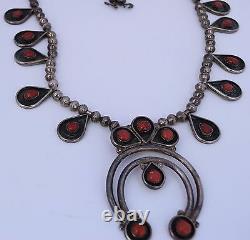Early old Coral & sterling silver squash blossom Native American Navajo necklace