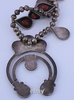 Early old Coral & sterling silver squash blossom Native American Navajo necklace