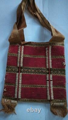 Early primitive antique Bag With Shell Decorations Native American Handwoven